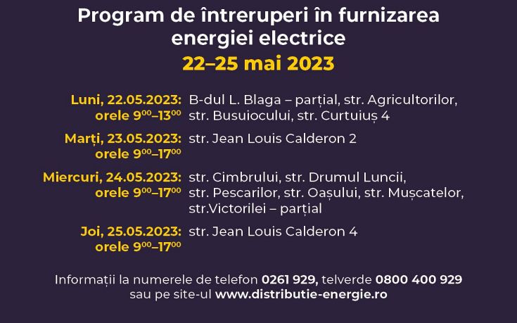 program intreruperi curent satu mare 22 25 mai